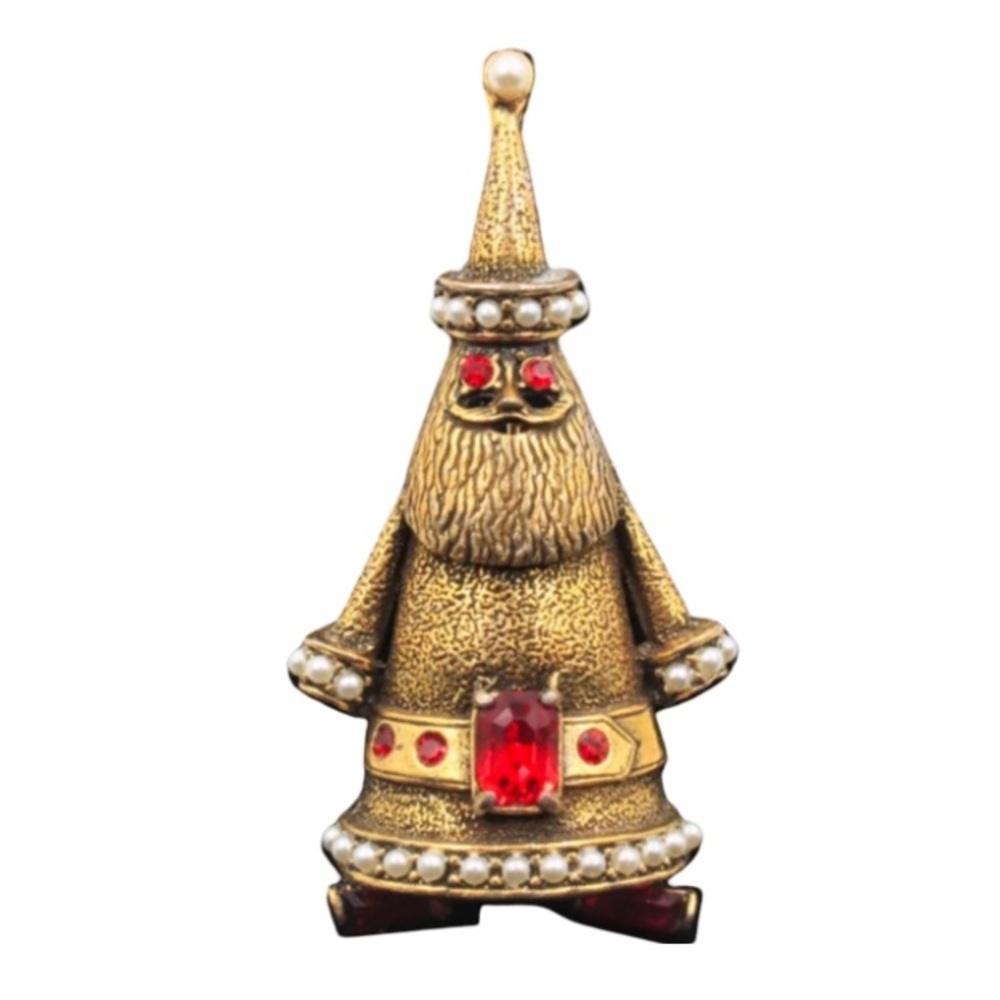 Vintage Hollycraft Gold Plated Crystal Rhinestone Christmas Santa Brooch